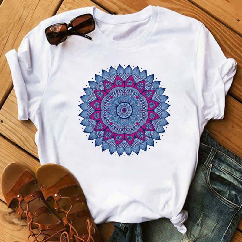 Olivenorma Colored Geometric Lotus Print White T-Shirt - Blue Lotus#1 - 2XL - image 7