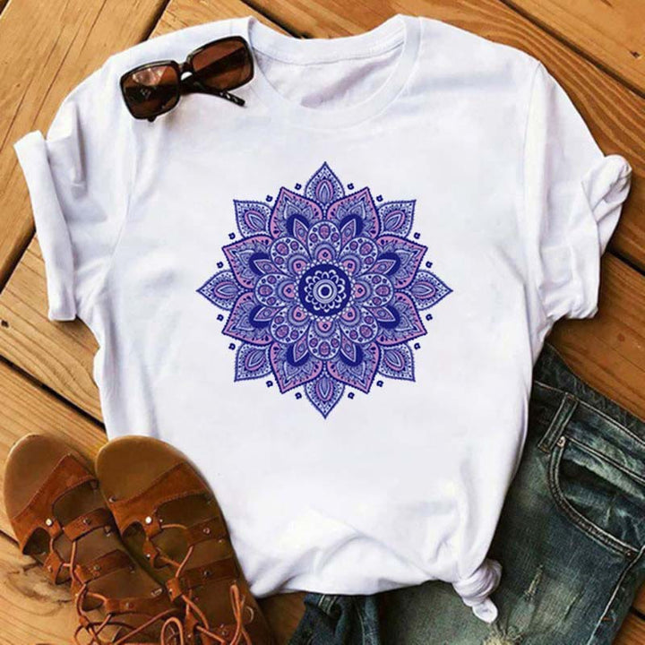 Olivenorma Colored Geometric Lotus Print White T-Shirt - Purple Lotus - 2XL - image 11