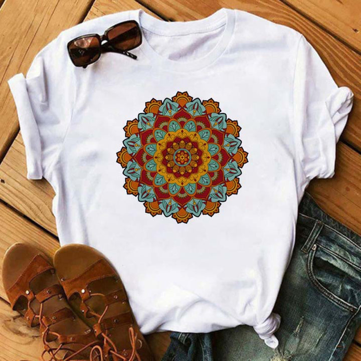 Olivenorma Colored Geometric Lotus Print White T-Shirt - Yellow Lotus - 2XL - image 12