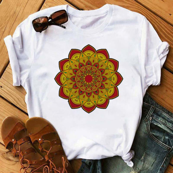 Olivenorma Colored Geometric Lotus Print White T-Shirt - Yellow & Red Lotus - 2XL - image 2