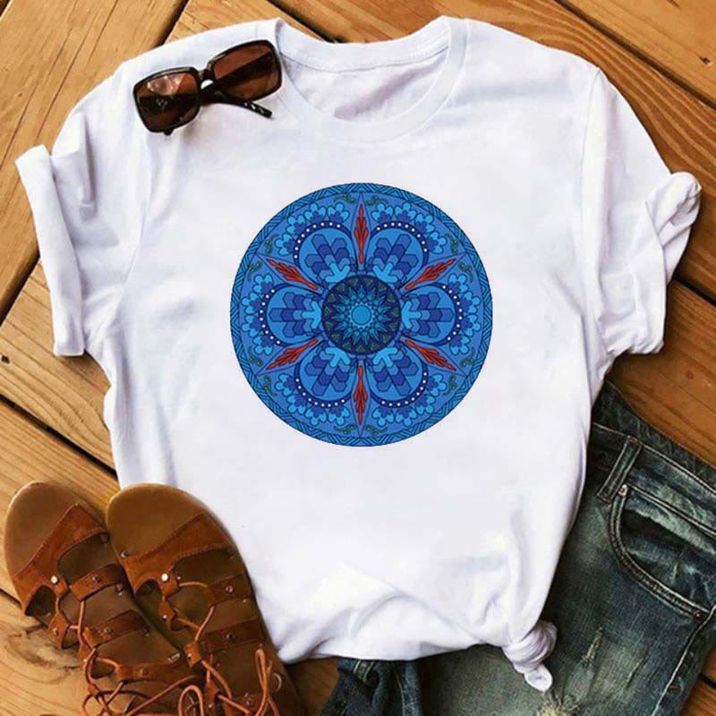 Olivenorma Colored Geometric Lotus Print White T-Shirt - Blue Lotus#2 - 2XL - image 8