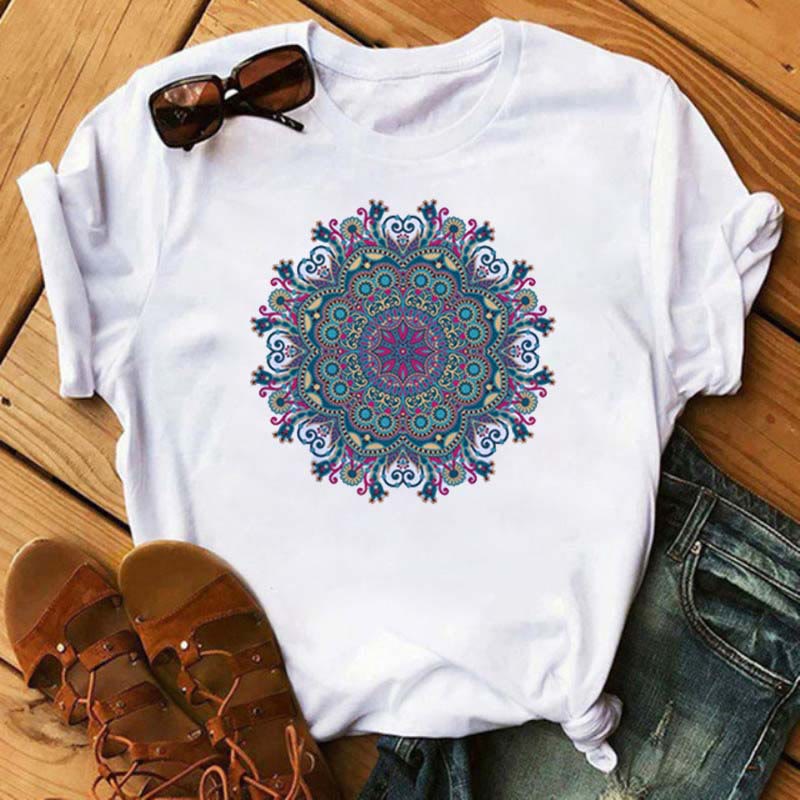 Olivenorma Cotton Colorful Geometric Print White T-Shirt - Green-Red Lotus - 2XL - image 2
