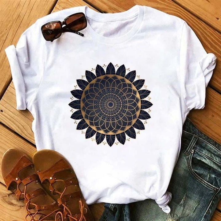 Olivenorma Cotton Colorful Geometric Print White T-Shirt - Yellow Lotus#6 - 2XL - image 12