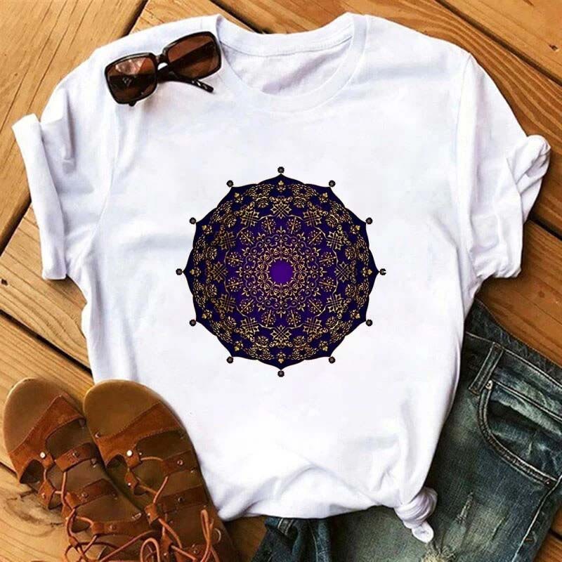 Olivenorma Cotton Colorful Geometric Print White T-Shirt - Purple-Black Lotus - 2XL - image 5