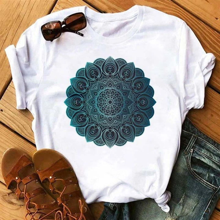 Olivenorma Cotton Colorful Geometric Print White T-Shirt - Blue-Green Lotus - 2XL - image 1