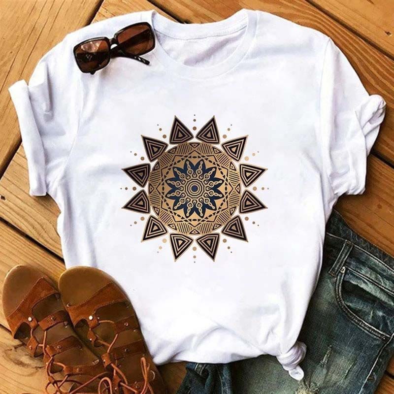 Olivenorma Cotton Colorful Geometric Print White T-Shirt - Yellow Lotus#4 - 2XL - image 10