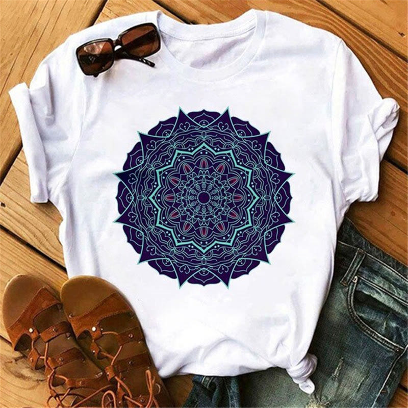 Olivenorma Cotton Colorful Geometric Print White T-Shirt - Dark Purple Lotus - 2XL - image 3