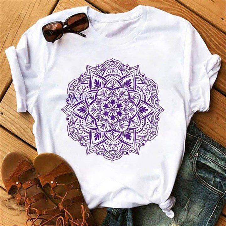 Olivenorma Cotton Colorful Geometric Print White T-Shirt - Purple Lotus - 2XL - image 4