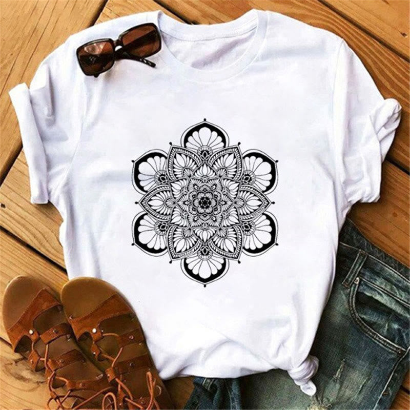 Olivenorma Cotton Colorful Geometric Print White T-Shirt - Black - 2XL - image 6