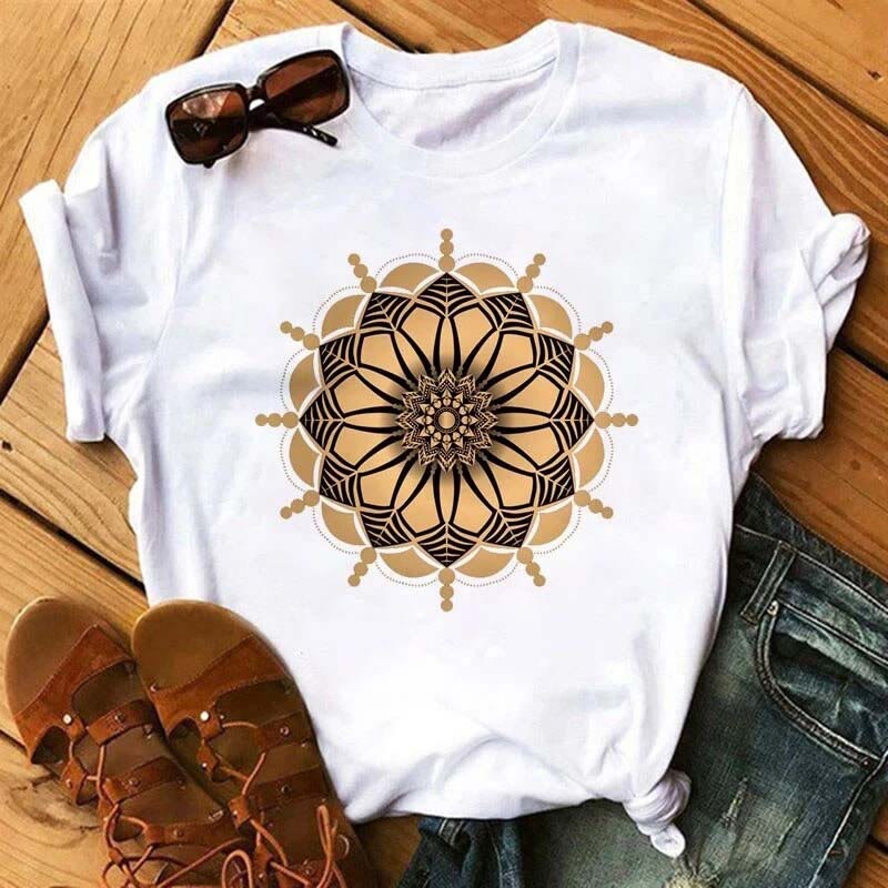 Olivenorma Cotton Colorful Geometric Print White T-Shirt - Yellow Lotus#3 - 2XL - image 9