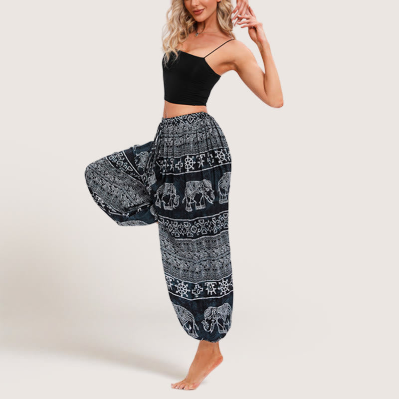 Olivenorma Boho Elephant Rayon Yoga Bloomers Elastic Waist Women's Harem Pants - Black - One Size Fits All - image 0