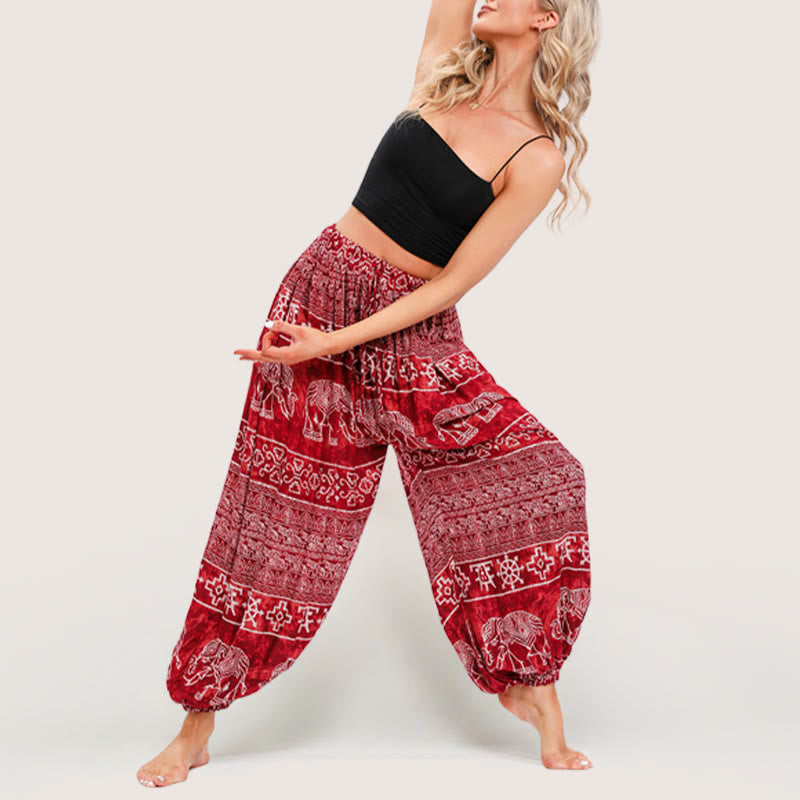 Olivenorma Boho Elephant Rayon Yoga Bloomers Elastic Waist Women's Harem Pants - Red - One Size Fits All - image 4