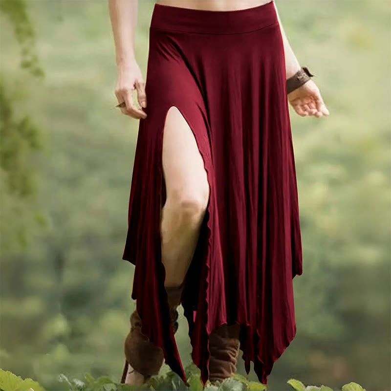 Olivenorma Boho Style Solid Drawstring Midi Split Skirt Dress - Red - XXL - image 0