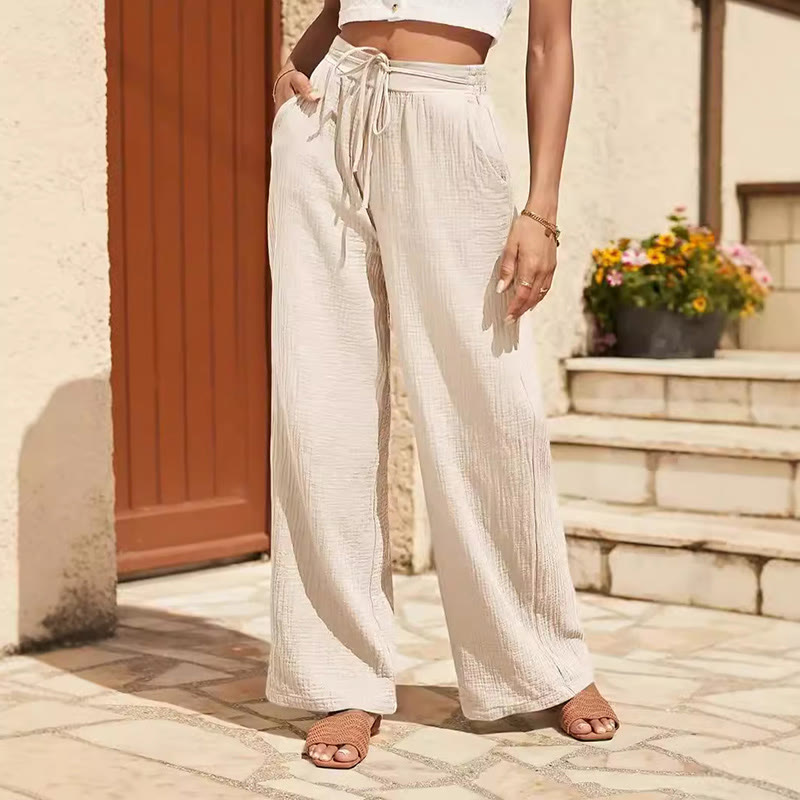 Olivenorma Plain Color Casual High Waist Drawstring Loose Fit Summer Women's Pants - Beige - XXL - image 1