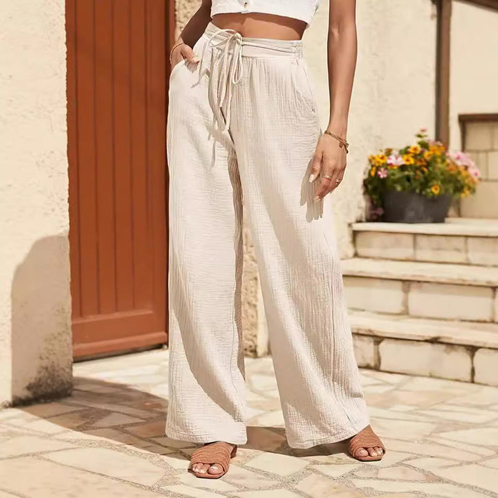 Olivenorma Plain Color Casual High Waist Drawstring Loose Fit Summer Women's Pants - Beige - XXL - image 1