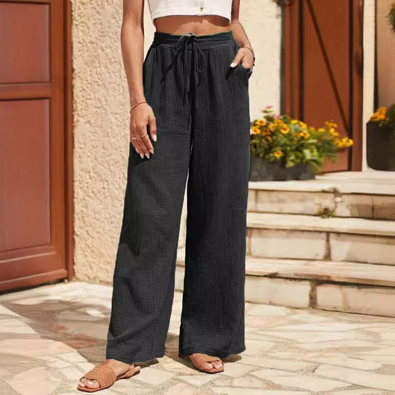 Olivenorma Plain Color Linen Solid Elastic Mid-Waisted Women's Baggy Pants with Pockets - Black - L - image 0