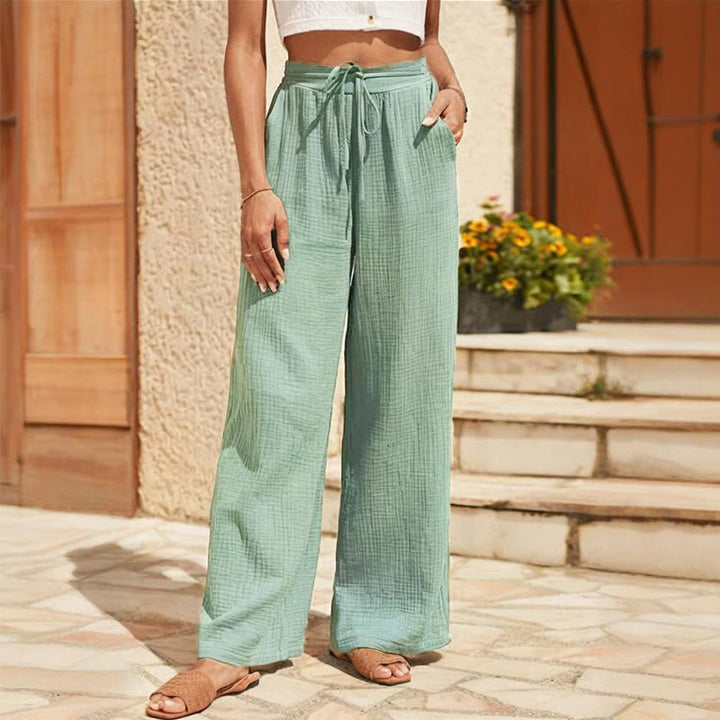 Olivenorma Plain Color Linen Solid Elastic Mid-Waisted Women's Baggy Pants with Pockets - Green - L - image 3