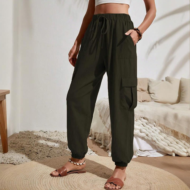 Olivenorma Womens Plain Color High-Waisted Drawstring Hiking Joggers Cargo Pants - DarkOliveGreen - XL - image 7