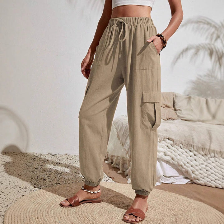 Olivenorma Womens Plain Color High-Waisted Drawstring Hiking Joggers Cargo Pants - Khaki - XL - image 0