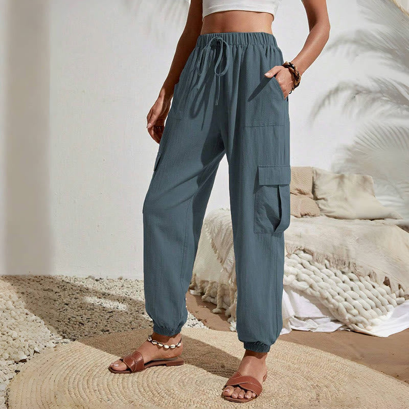 Olivenorma Womens Plain Color High-Waisted Drawstring Hiking Joggers Cargo Pants - SteelBlue - XL - image 22