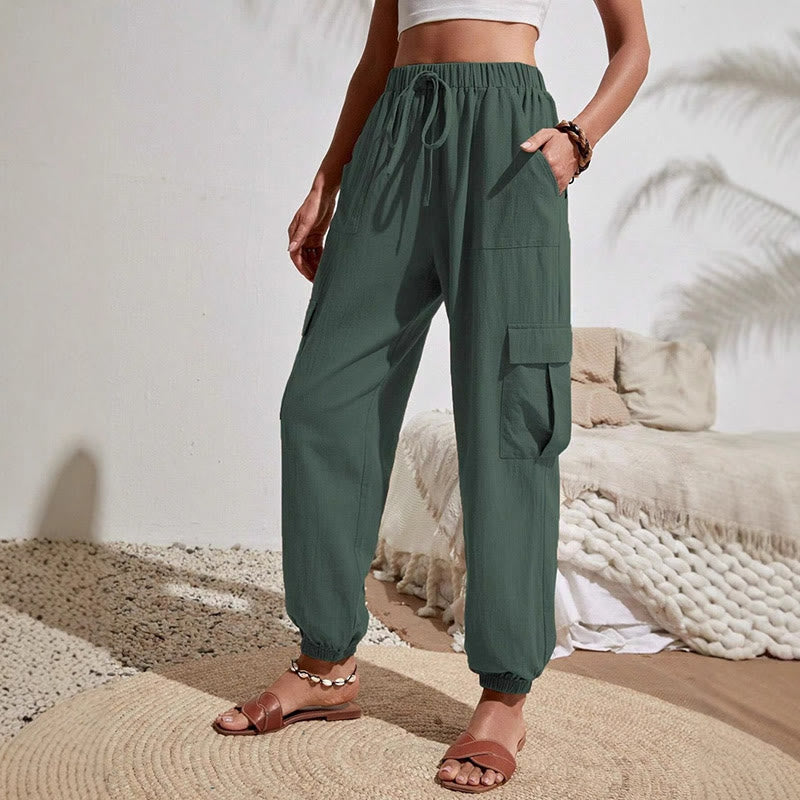 Olivenorma Womens Plain Color High-Waisted Drawstring Hiking Joggers Cargo Pants - SeaGreen - XL - image 10