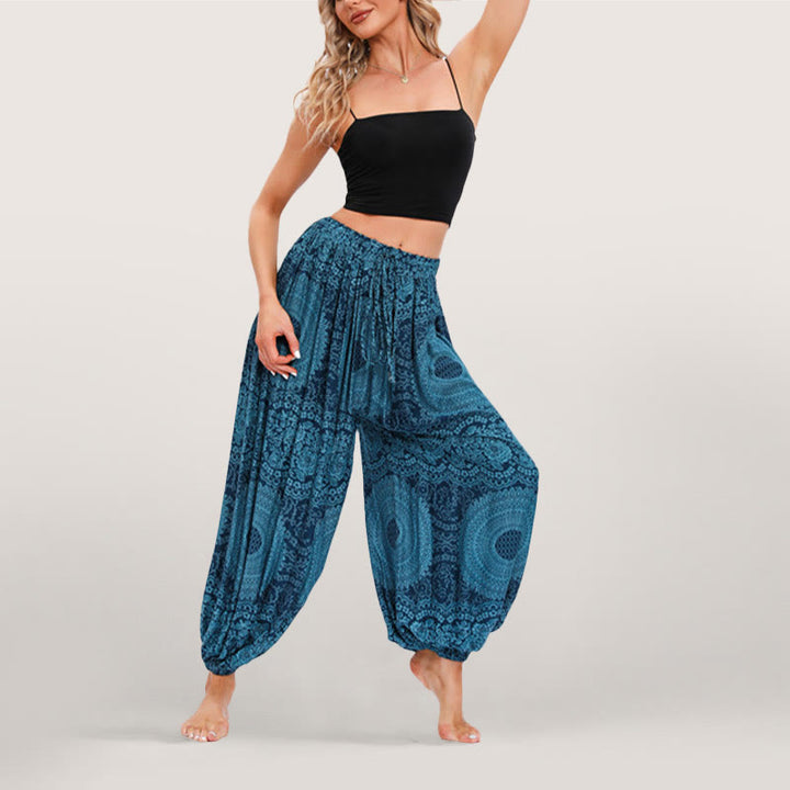 Olivenorma Flowy Boho Print Women's Elastic Waist Harem Pants - Blue - image 8