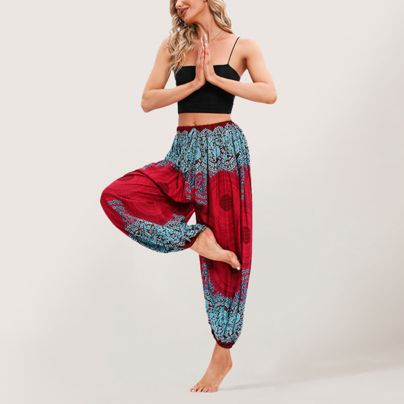 Olivenorma Vibrant Boho Mandala Women's Elastic Waist Harem Pants - Red - image 12
