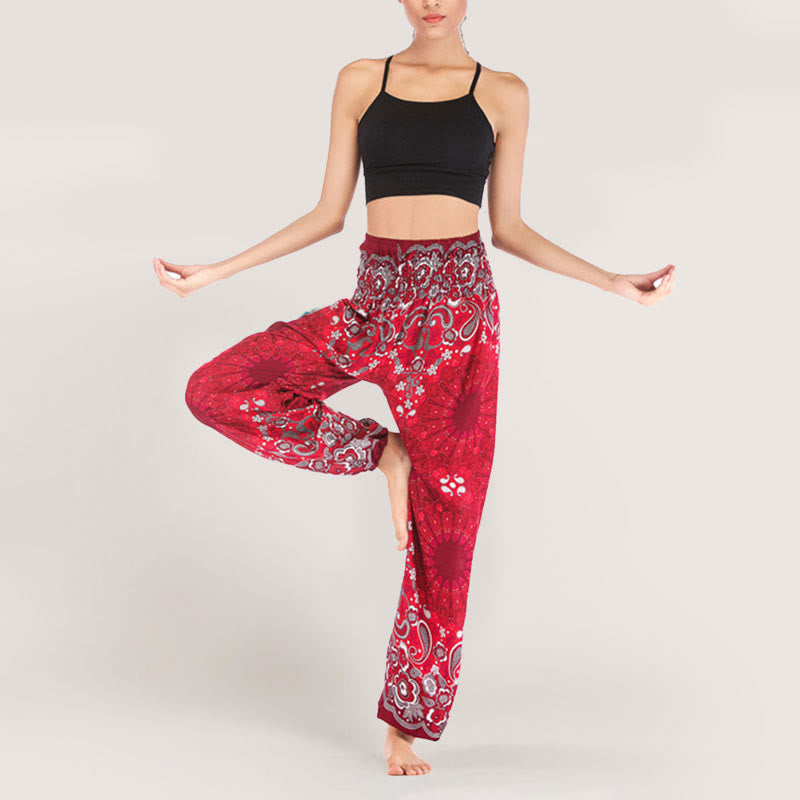 Olivenorma Mandala Snowflake Print Viscose Women's Elastic Waist Harem Pants - Red - image 34