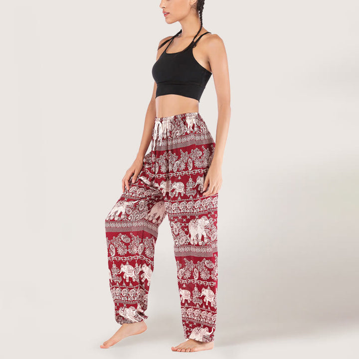 Olivenorma Ethnic Elephant Yoga Pants Viscose Women's Elastic Waist Harem Pants - Red - image 8