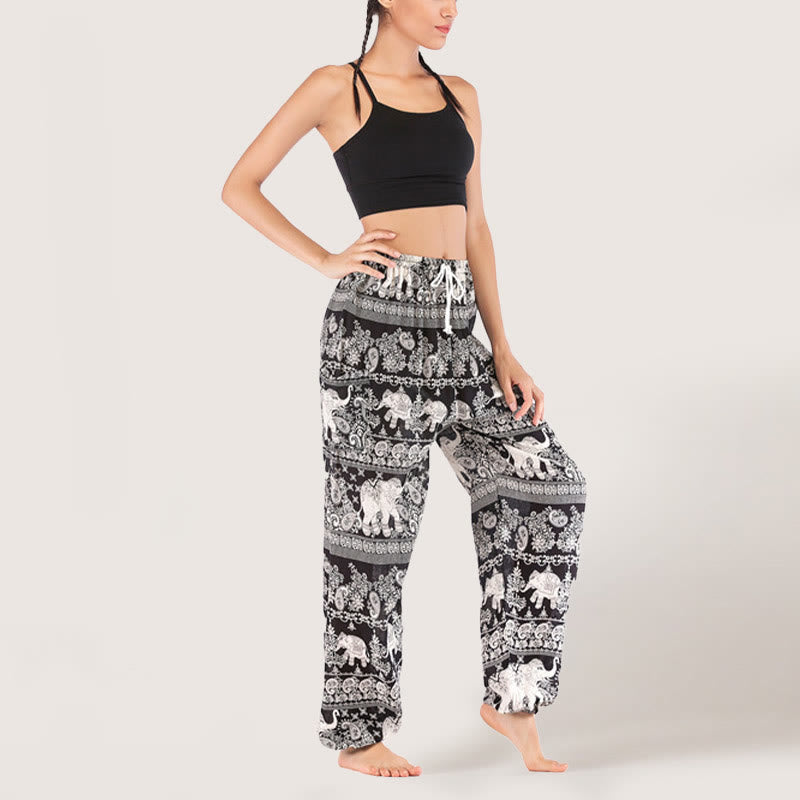 Olivenorma Ethnic Elephant Yoga Pants Viscose Women's Elastic Waist Harem Pants - Black - image 0