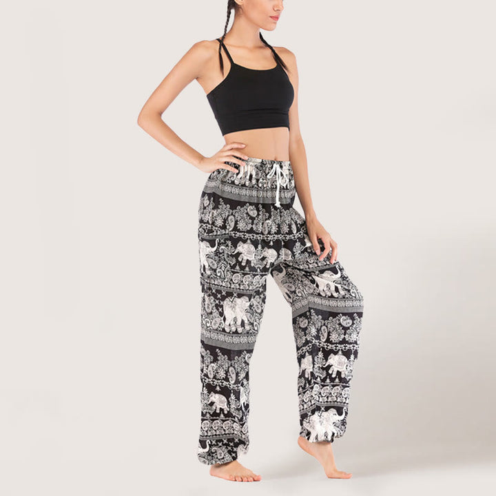 Olivenorma Ethnic Elephant Yoga Pants Viscose Women's Elastic Waist Harem Pants - Black - image 0