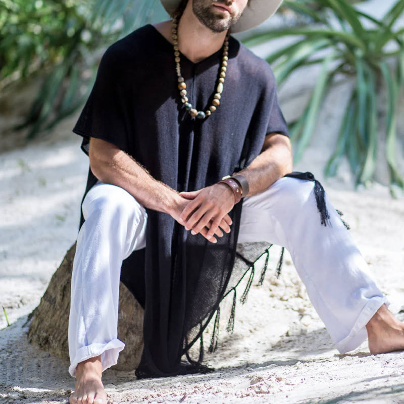 Olivenorma Men's Black Casual Pullover Top Tassel Cardigan - image 1