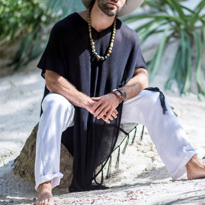 Olivenorma Men's Black Casual Pullover Top Tassel Cardigan - image 1