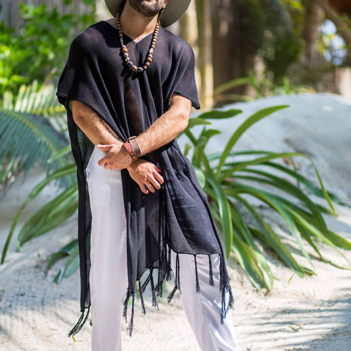Olivenorma Men's Black Casual Pullover Top Tassel Cardigan - 3XL - image 0