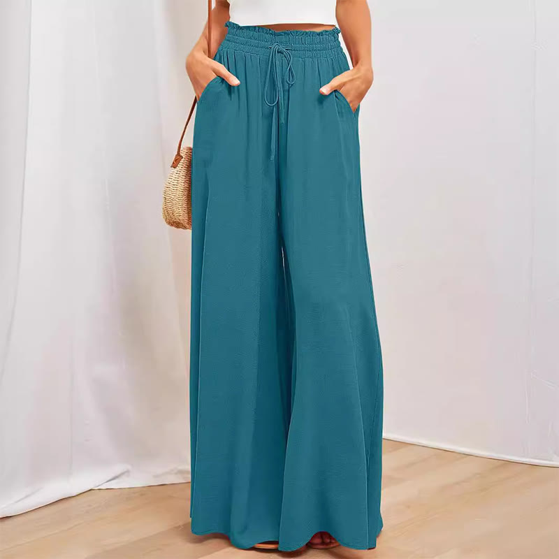 Olivenorma Plain Color High Waist Casual Loose Women's Palazzo Pants with Pockets - Teal - XXL - image 0