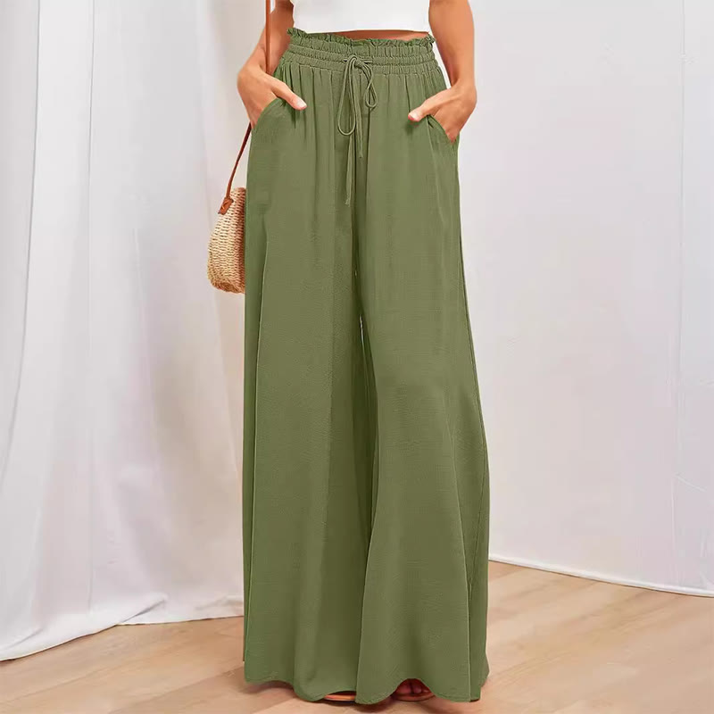 Olivenorma Plain Color High Waist Casual Loose Women's Palazzo Pants with Pockets - Green - XXL - image 9