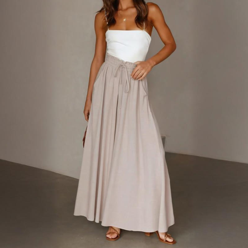 Olivenorma Plain Color High Waist Casual Loose Women's Palazzo Pants with Pockets - Beige - XXL - image 24