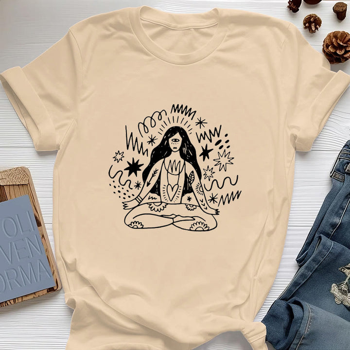 Olivenorma Graffiti Line Drawing Yoga Girl T-Shirt - Yellow - 2XL - image 0