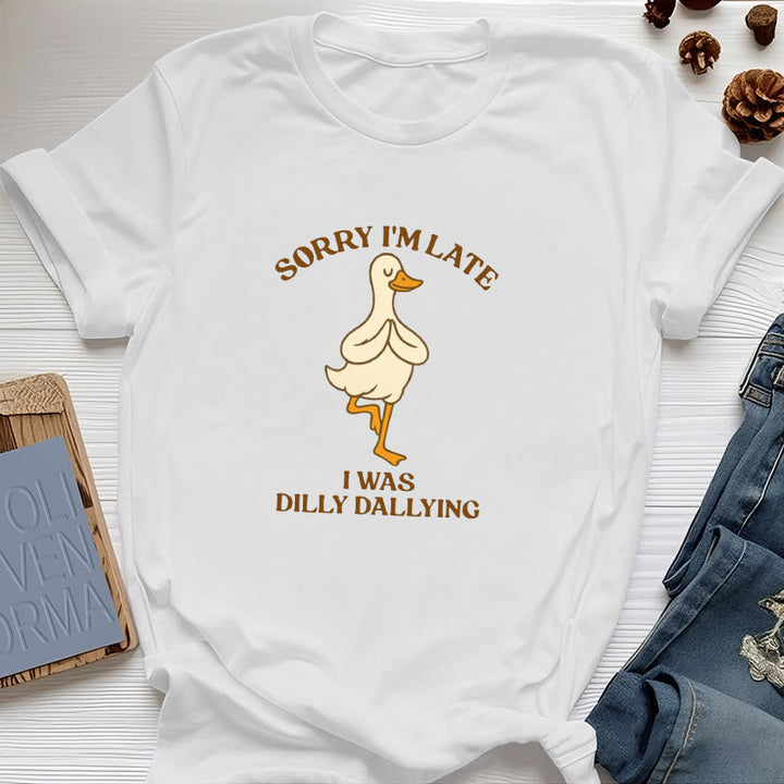 Olivenorma Sorry I'm Late I Was Dilly Dallying T-Shirt - White - Tree Pose Duck - 2XL - image 4