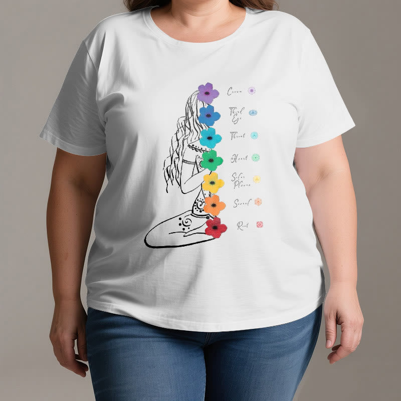 Olivenorma Meditation Girl 7 Chakra Flowers T-Shirt - image 2