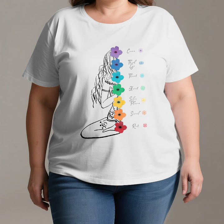 Olivenorma Meditation Girl 7 Chakra Flowers T-Shirt - image 2