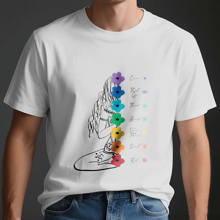 Olivenorma Meditation Girl 7 Chakra Flowers T-Shirt - image 3