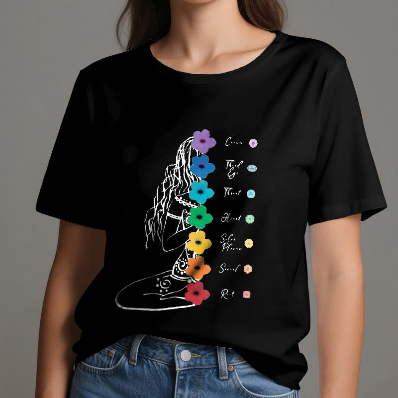 Olivenorma Meditation Girl 7 Chakra Flowers T-Shirt - image 6