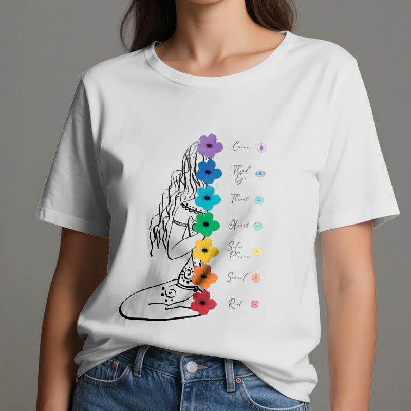 Olivenorma Meditation Girl 7 Chakra Flowers T-Shirt - image 1