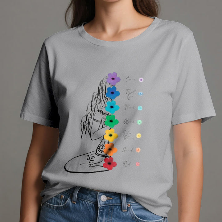 Olivenorma Meditation Girl 7 Chakra Flowers T-Shirt - image 8