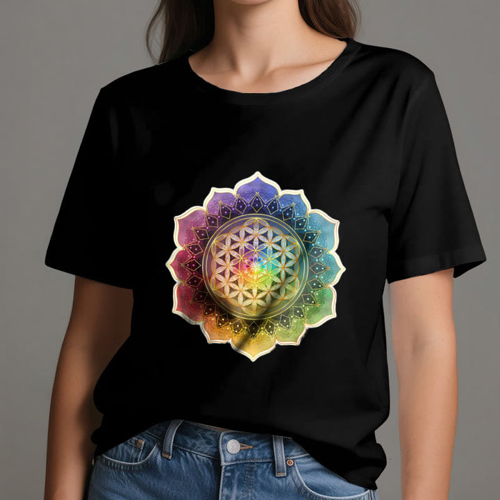 Olivenorma 7 Chakra Medala Flower of Life Cotton T-Shirt - image 6