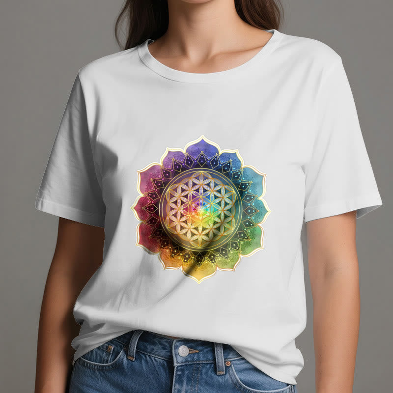 Olivenorma 7 Chakra Medala Flower of Life Cotton T-Shirt - image 1