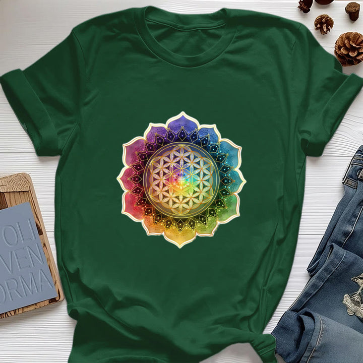 Olivenorma 7 Chakra Medala Flower of Life Cotton T-Shirt - Dark Green - 2XL - image 19