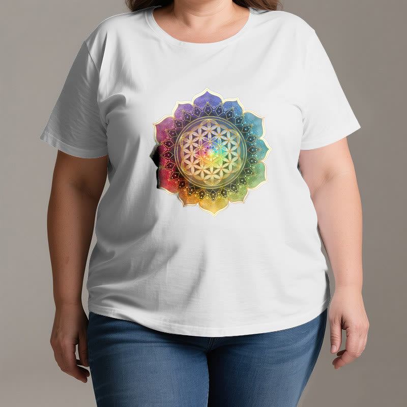 Olivenorma 7 Chakra Medala Flower of Life Cotton T-Shirt - image 2