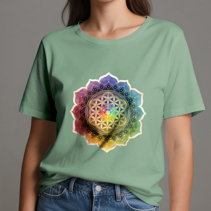 Olivenorma 7 Chakra Medala Flower of Life Cotton T-Shirt - image 18